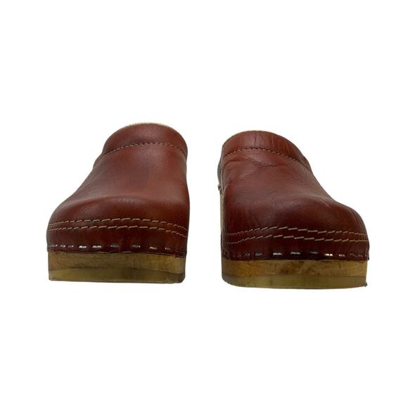 Olaf Daughters Vintage 70s Rusty Brown Leather Swedish Wooden Clogs Size 37 - Picture 7 of 9